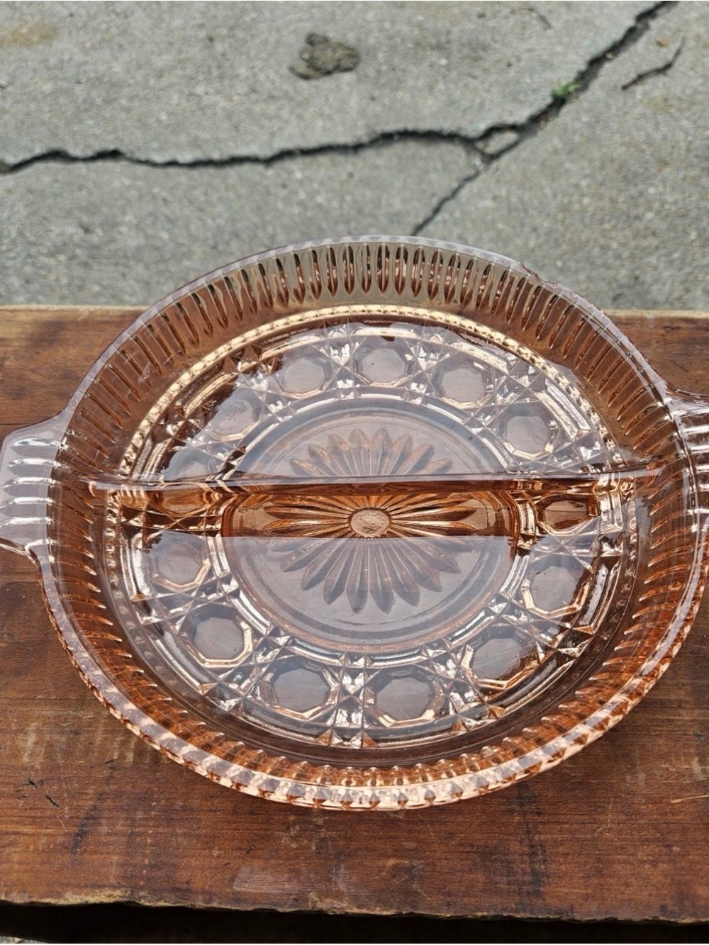 Vintage Pink Glass Divided Serving Dish-CHIP